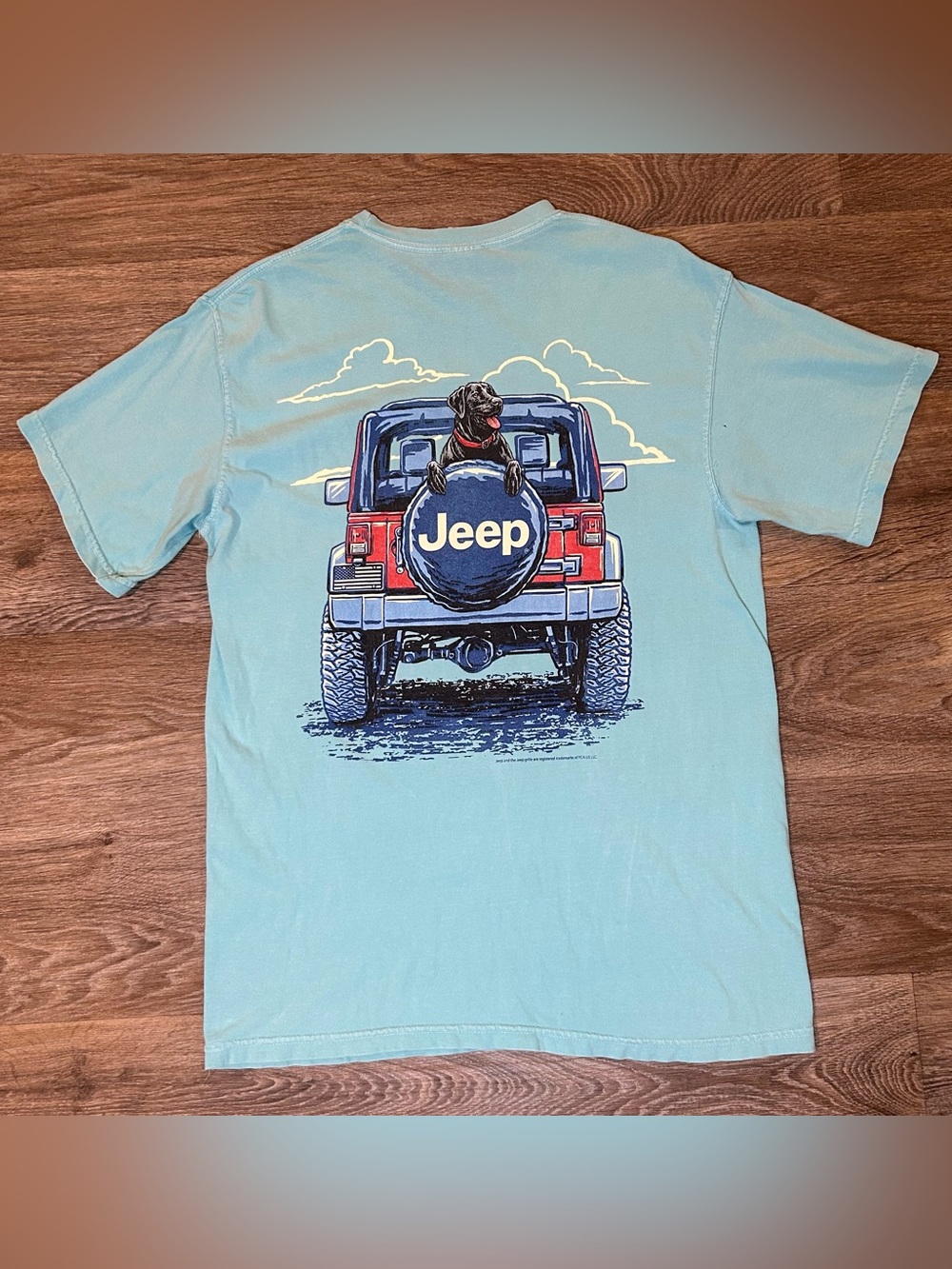Jeep Graphic T-Shirt - Teal Shirt w/ Red Jeep & Dog Graphic - Women’s Medium
